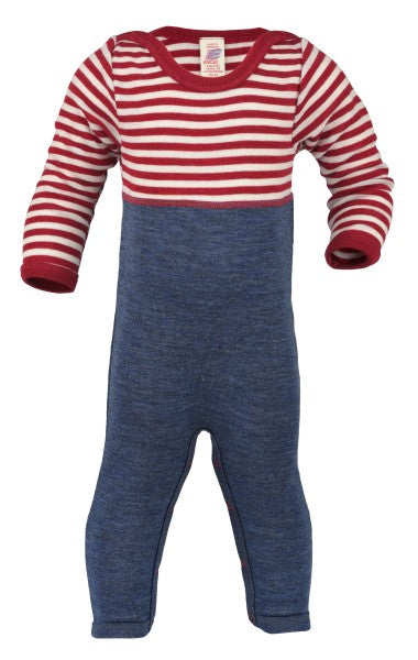 Schlafanzug Schurwolle mit Beinumschlägen blau/rot