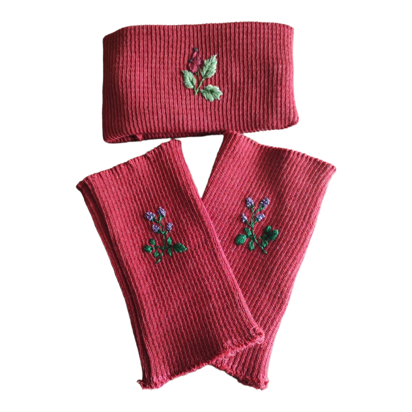 Set Pulswärmer + Stirnband handbestickt Bio Wolle rot