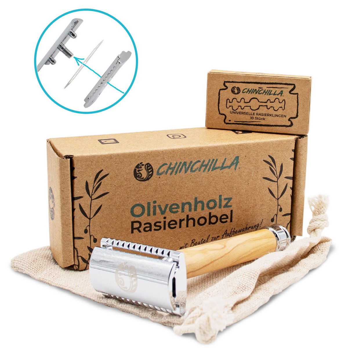 Rasierhobel aus Olivenholz mit Beutel und 10er Klingen