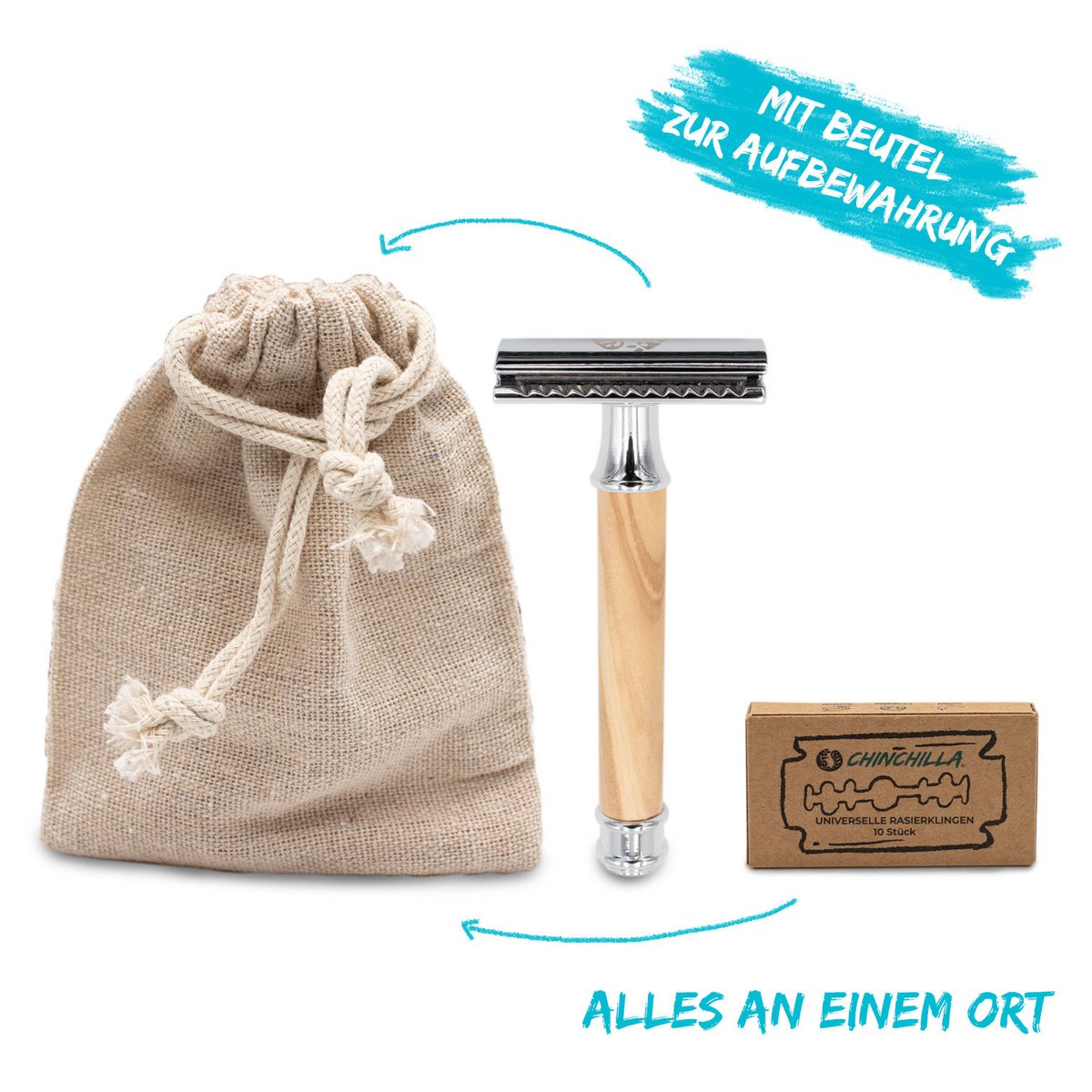 Rasierhobel aus Olivenholz mit Beutel und 10er Klingen