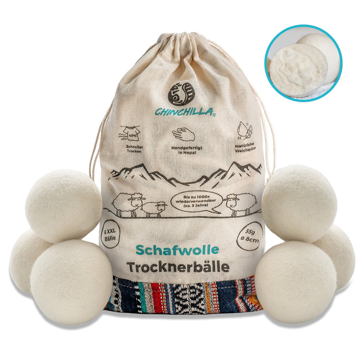 Trocknerbälle aus Schafswolle 6er